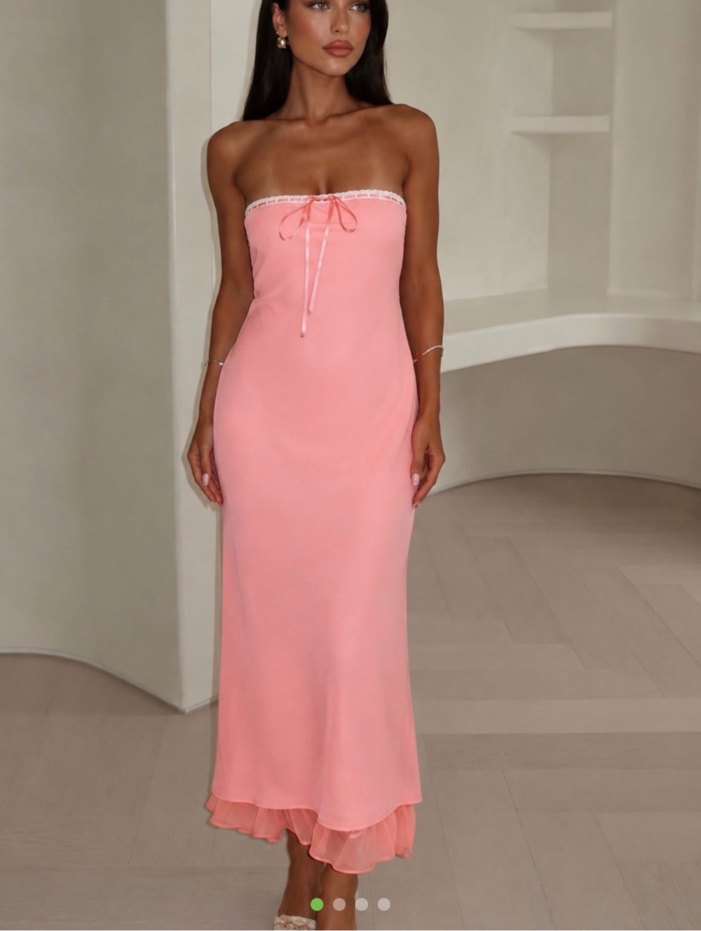 For Love and Lemons Pink Strapless Midi Dress with Lace Trim and Ruffle Hem
